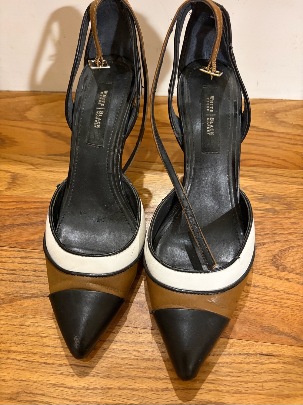 White House Black Market Black, Tan & White Pointed Slingback Pumps